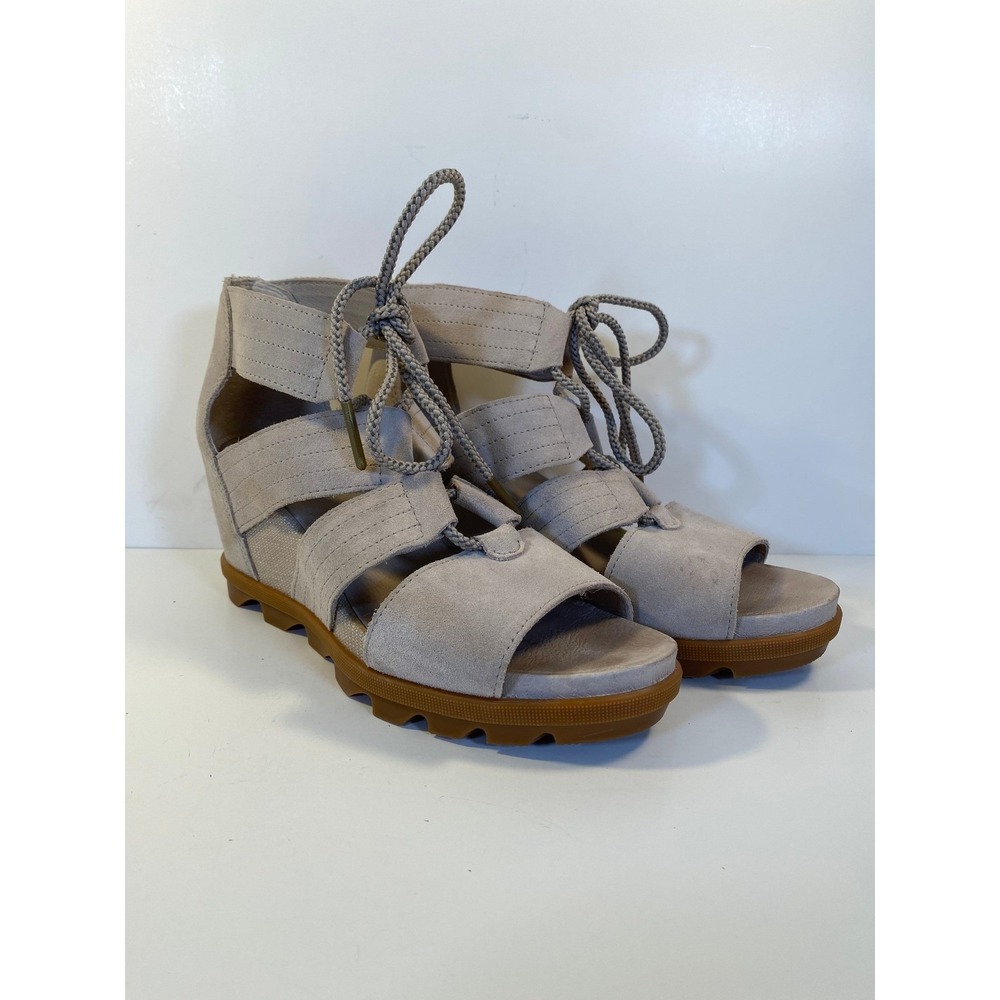 Sorel Joanie II Lace Wedge Sandals Dove Grey Suede NL3552-096 Womens 9.5